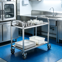 Chariot à main robuste à double niveau en acier inoxydable avec roues pour cuisine centrale