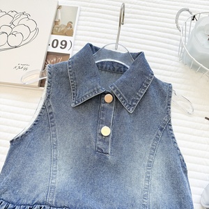 Vestido vaquero sin mangas para niña, con cuello de solapa, decoración de botones, dobladillo de burbujas, vestido informal de verano - Product Image 3