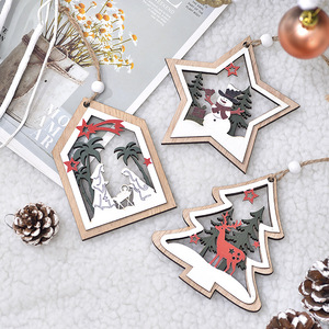 Décorations de Noël en bois à suspendre, forme étoile et maison d'arbre, peintes à la main en couleur pour le sapin de Noël - Product Image 2