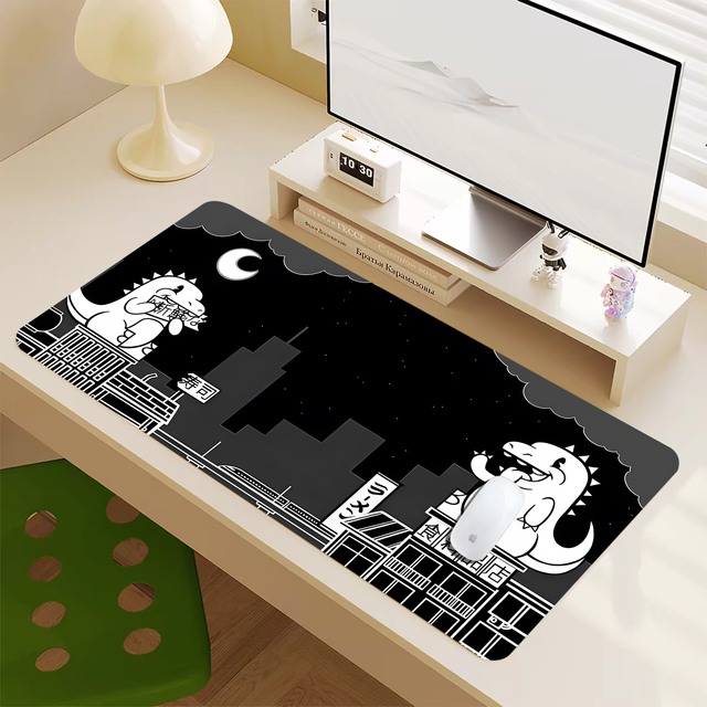 Japanese Dinosaur City Night Desk Mat, Cute Anime Sushi Dinosaur Large Non-Slip Rubber Base Extended Desk Pad Black White Desk