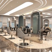 Mobilier de salon de coiffure : Poste de coiffage double face avec miroir doré éclairé par LED, table et rangement à tiroirs