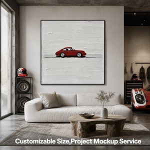 Peinture murale abstraite minimaliste moderne en toile peinte à la main de qualité supérieure, plâtre blanc, texture 3D, art de voiture de sport rouge - Product Image 4