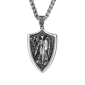 Hot Sale Vintage Saint Michael Archangel Religious Necklace Hip Hop Stainless Steel Protection American Men's Pendant Necklace