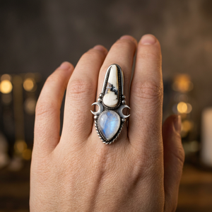 Natural Moonstone & Howlite 925 Sterling <b>Silver</b> Cute Bezel Setting <b>Statement</b> <b>Ring</b> for Women Partywear - Product Image 3