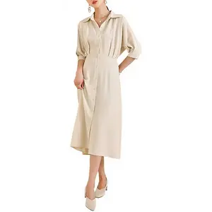 Vestido ajustado de manga corta para mujer, traje Beige de una pieza, corsé de vendaje, vestido elegante informal de verano con solapa de una sola fila con botones