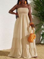 Novedades 2026: Vestido largo de verano sin tirantes con fruncido y volantes, estilo suelto y sin mangas, ideal para la playa y vacaciones.