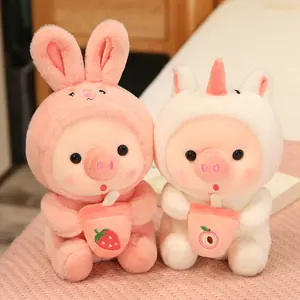 Yeni varış boba serisi peluş domuz oyuncak giyen hayvanlı pijama kabarcık çay
