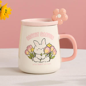 Taza Estética <span class=keywords><strong>con</strong></span> Diseño Creativo de Tulipán Rosa Pintado <span class=keywords><strong>a</strong></span> Mano, Regalo Personalizado para el Desayuno <span class=keywords><strong>con</strong></span> Cuchara y Tapa - Product Image 1