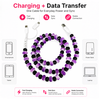 Câble de charge perlé 3-en-1 FASHLINK violet et noir – Cordon de charge rapide USB multi-appareils