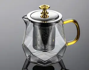 Doorzichtig Hittebestendig Borosilicaatglas Op Maat Gemaakt Diamantontwerp Theepot Theepot Theepot Theemaker Met Roestvrijstalen Infuser