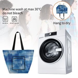 Denim Print <b>Foldable</b> Shopping Bag Nylon Tote Bag Large Reusable Carry Bag With Zipper Pocket - Product Image 6