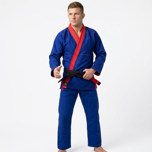 Kimono de BJJ Azul Unisex con Cuello Rojo y Cinturón Negro, Corte Regular, Ropa de Artes Marciales para Adultos, Jiu-jitsu BJJ Gis, 100% Algodón, Logotipo Frontal - Product Image 1
