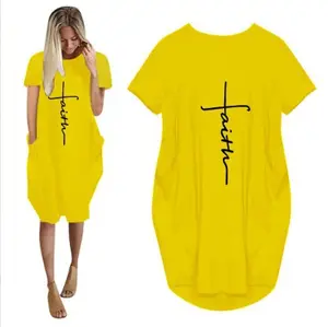 Women Faith Oversize Baggy T Shirt Causal Loose Party Short Midi Dresses With Pockets