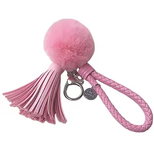 Fashion girls charming design cute gift plush pendant fluffy faux rex rabbit fur ball pom pom and Korean PU tassel keychains