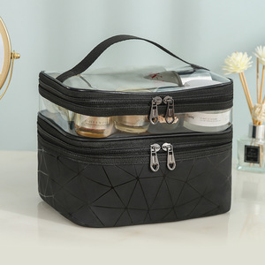 Cosmetic Bag PVC Travel Toiletry <b>Case</b> Portable <b>Makeup</b> Organizer Green Geometric Design Double Zipper Storage Bag - Product Image 4