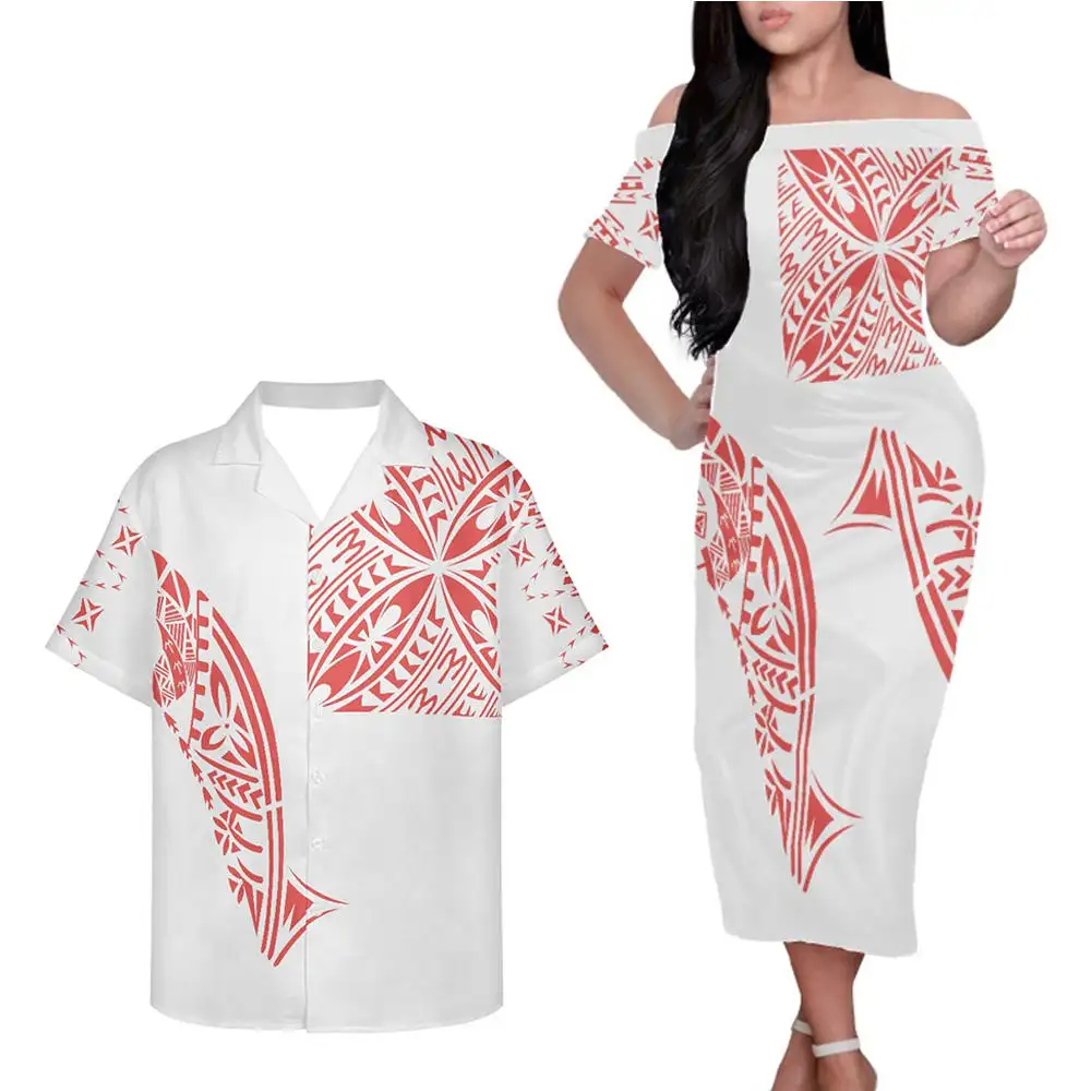 Conjunto de roupa para casal polynesian com estampa tribal, casal, roupas para casal, ombro caído, feminina, masculina, logotipo personalizado, conjunto para casal