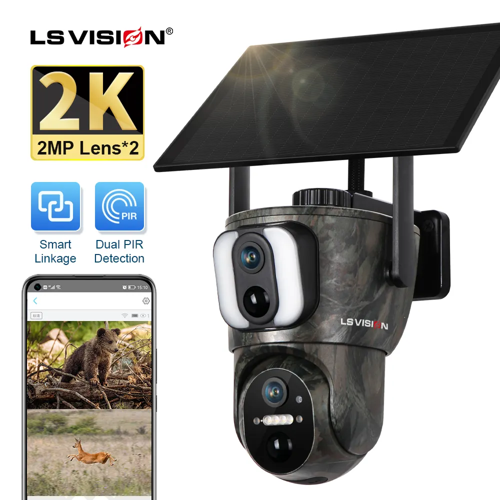 LS VISION Manufacturer 4K 4G LTE Solar Battery Hunting Camouflage Camera Wireless Outdoor Powered Dual Lens PTZ Security Camera