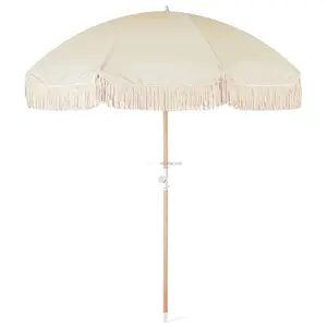 Parasol d'extérieur en bois, Parasol Vintage, Parasol de plage et de jardin avec pompons