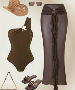 מלאי שני צבעים נשים מעצבים שתי חתיכות בגדי ים בגד כתף אחד בגד ים וחצאית סט עטיפה S-XL - Product Image 1