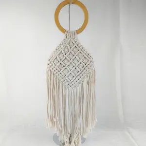 New Wooden Ring Handle Hollow Cotton Rope Woven Bag Diamond Tassel Mesh Bag Women's Handbag Beach Grass Woven Bag