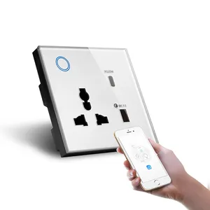 مقابس جداري منافذ للتيار المجسم من مصنع Makeegood مقبس ذكي من alexa wifi 20w USB نوع c مقبس تبديل منافذ جدار 15a مقبس جداري زجاج wifi مقبس جداري للمملكة المتحدة