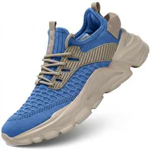 Chaussures de course unisexes en maille bleue avec semelle extérieure en caoutchouc beige, semelle intermédiaire en EVA légère et respirante, baskets athlétiques d'été - Product Image 1