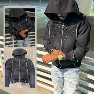 Échantillon gratuit de vêtements, fabricants de vêtements streetwear, broderie lourde personnalisée, vintage, lavage à l'acide, strass, veste à capuche zippée - Product Image 2