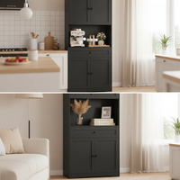 Armoire de rangement de cuisine haute de style farmhouse avec plan de travail, 4 portes, tiroir, trou pour câbles, étagères réglables, buffet