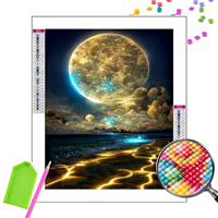 Kit de Peinture Diamant DIY pour Adultes, Vente en Gros, 5D, Couverture Complète, Lune Dorée Géante au-dessus des Vagues Océaniques, Art Mural Galaxie