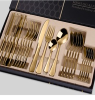 Ensemble de couverts de luxe Lehao 24 pièces en acier inoxydable doré poli miroir, couteaux, fourchettes et cuillères à dîner, pour un usage domestique