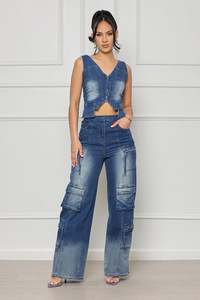Completo Due Pezzi in Denim alla Moda Think <span class=keywords><strong>Cargo</strong></span> per <span class=keywords><strong>Donna</strong></span>, Top Elasticizzato con Scollo a V e Zip Irregolare, Pantaloni <span class=keywords><strong>Larghi</strong></span> Lavati per Primavera Estate - Product Image 3