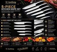 Ensemble de couteaux de cuisine en acier inoxydable Tc Kitchenware, 5 pièces, comprenant un couteau de chef, un couteau à trancher, un couteau utilitaire avec manche ergonomique