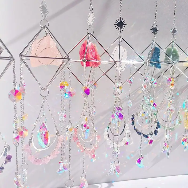 wholesale light prism k9 hanging with moon for window handmade natural healing stones silver crystal sun catcher