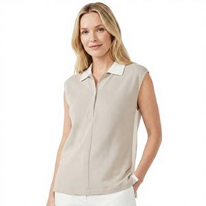 Chaleco Casual Transpirable de Algodón y Lino para Mujer, con Bloques de Color Gris y Blanco, Cuello <span class=keywords><strong>Polo</strong></span> y Sin Mangas - Product Image 4