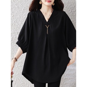 Nueva Blusa Negra de Verano 2026 al por Mayor con Cuello en V para Mujer, Túnica Oversize con Manga Tres Cuartos, Cadena Dorada y Borlas, Estilo Chic Casual Tallas Grandes - Product Image 3