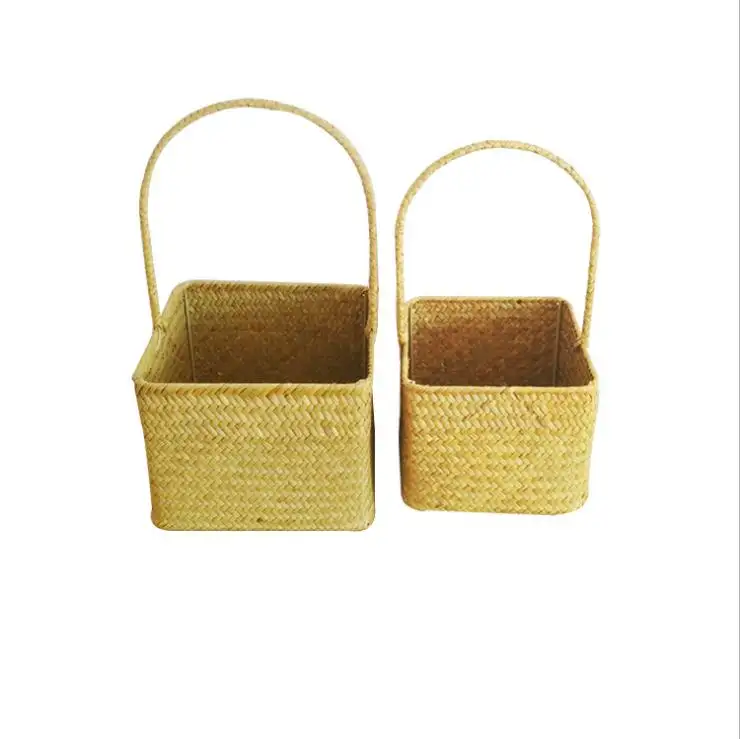 Cesta de ervas marinhas tecidas artesanato artesanato bem breve cesta de presente cesta de flores com alça quadrada