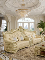 Ensemble de canapés en cuir couleur champagne, style européen, en teck massif sculpté, avec joints à mortaise et tenon, pour villas et grands salons