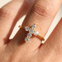 LZR48 Élégante bague ouverte en argent sterling 925 plaqué or avec croix et zircon cubique, bague empilable pour femmes