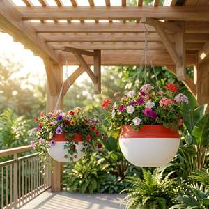Pot de fleurs suspendu rond en plastique rouge et blanc avec chaîne de suspension pour l'affichage des plantes de jardin, petite taille - Product Image 1
