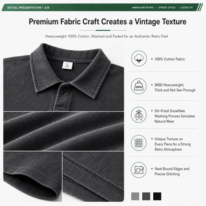 Polo homme en coton lavé 280G, coupe ample rétro, style streetwear, manches courtes, haut décontracté vintage pour l'été - Product Image 2