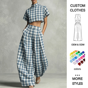 Nouvel ensemble deux pièces populaire pour femmes européennes et américaines : haut court sans col à carreaux bleus et blancs et <span class=keywords><strong>pantalon</strong></span> large - Product Image 1