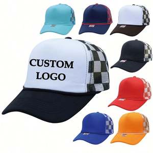 Precio de fábrica: Gorra trucker unisex de malla a cuadros con estampado deportivo 100% poliéster, transpirable, impermeable, de 5 paneles con hebilla, estilo formal y urbano. - Product Image 1