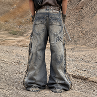 DiZNEW Jeans personnalisés pour hommes, style streetwear, délavé effet boue, avec panneaux ondulés, déstructurés, coupe baggy, jambe large, denim, style urbain