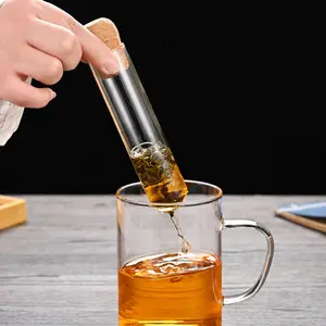 单个茶杯玻璃管浸泡器迷你浸泡器水果草本或活叶茶过滤器带软木盖浸泡器茶叶过滤器