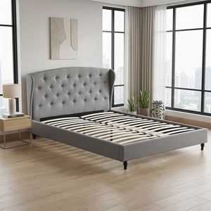 French Luxury Retro Platform <strong>Bed</strong> Base, Wing Side Enclosed Panel Rhombus Tuft Tall Headboard Fabric <strong>Bed</strong> for Elegant Bedroom Decor - Product Image 1