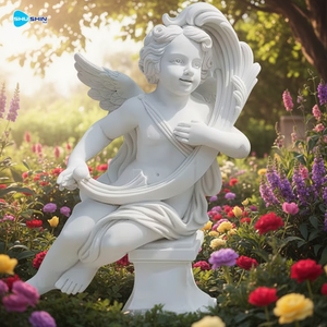 <span class=keywords><strong>Statue</strong></span> d'ange chérubin en marbre de pierre naturelle blanche Sculptée à la main Design européen Sculpture de jardin d'extérieur durable - Product Image 3