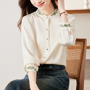 Women's Apricot Blouse Solid Color Chiffon Chinese Style Embroidered Work Shirt - Product Image 1