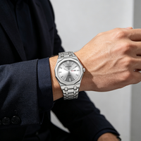 Montres pour hommes PINTIME avec lunette octogonale, cadran argenté effet soleil, double date, mouvement à quartz, bracelet en alliage, vente en gros OEM