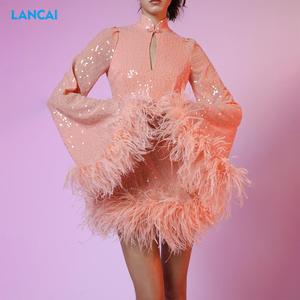 Vestidos de fiesta transparentes con adornos de plumas de avestruz elegantes personalizados Vestidos de mujer de lentejuelas de plumas de lujo - Product Image 5