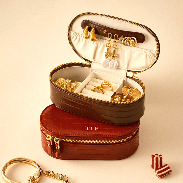 Wholesale Custom Oval Leather Zipper Ring Necklace Storage PU Crocodile Pattern Watch and Jewelry Box Luxury Travel Jewelry Case